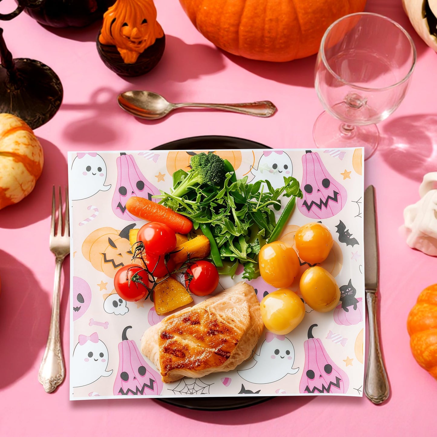 GROBRO7 Halloween Wax Paper Sheets - 150Pcs Pink Ghosts Pumpkins Bats Deli Papers, 9.8 x 8.3in Greaseproof Waterproof Food Wrap Disposable Sandwich Picnic Basket Liner Halloween Party Kitchen Supplies