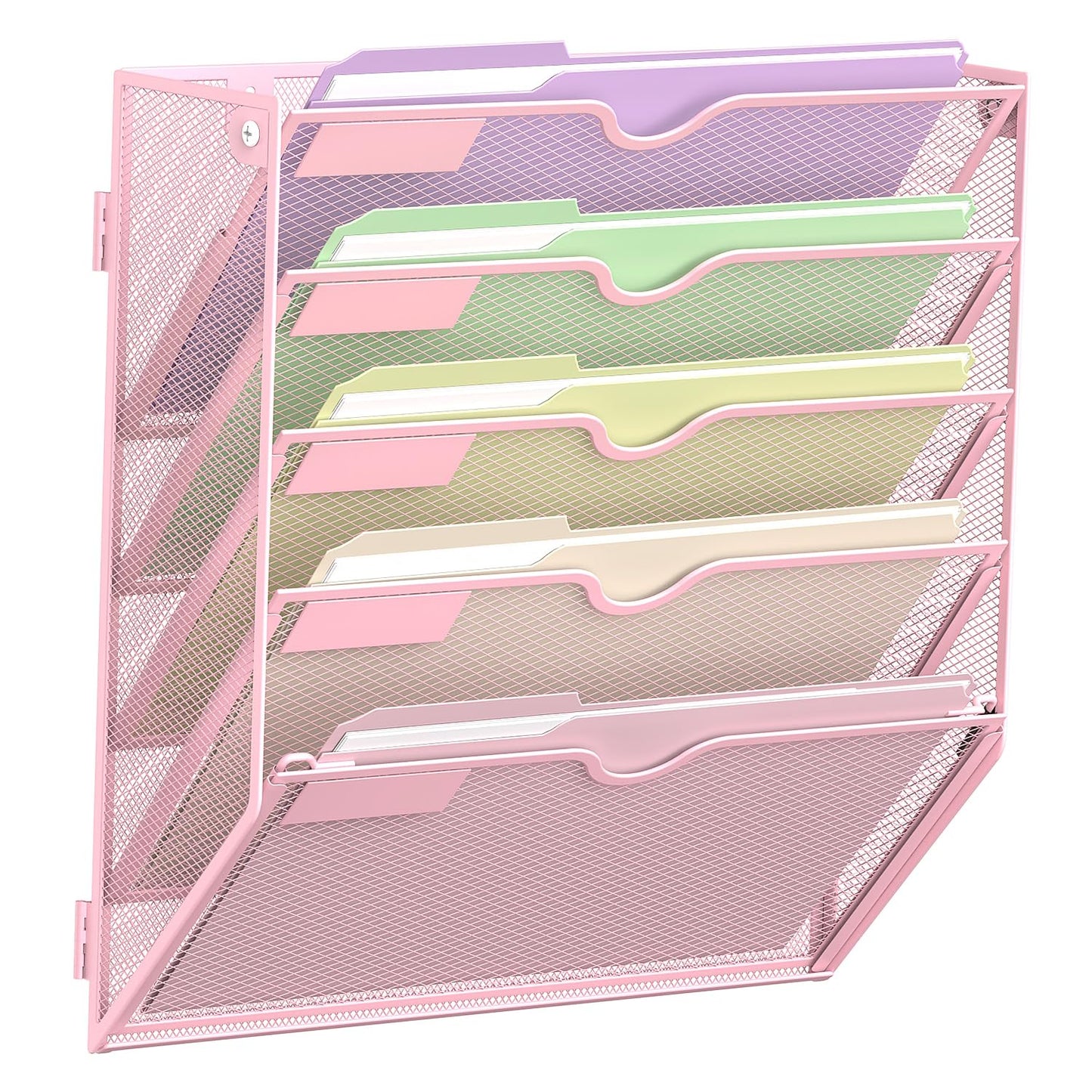 SUPEASY 5 Tier Wall File Organizer, Hanging Wall Mounted Mail Organizer with Label Slots, Metal Mesh File Holder Magazine Rack for Office, Home, School, Pink