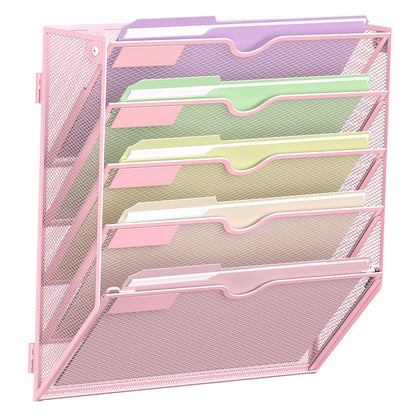 SUPEASY 5 Tier Wall File Organizer, Hanging Wall Mounted Mail Organizer with Label Slots, Metal Mesh File Holder Magazine Rack for Office, Home, School, Pink