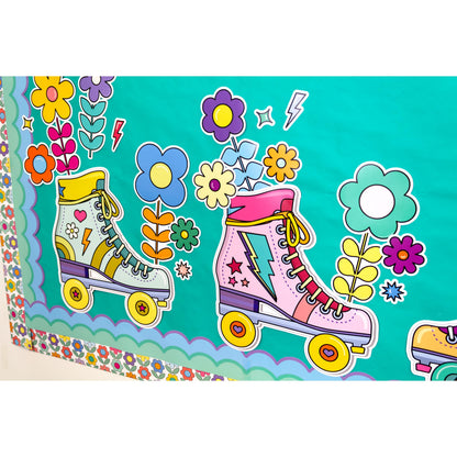 Happily Ever Elementary Retro Remix 103-Piece Motivational Bulletin Board Set, Roller Skates, Flowers, and More Groovy Bulletin Board Decorations for Classroom Decor