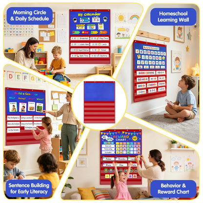 AKAYOK 2-in-1 Felt Board & Pocket Chart, 37”x28 Felt Board for Wall with 54 Self Adhesive Dots & 15 Dry Erase Sentence Strips, Flannel Boards Stories for Preschool, Early Literacy & Speech Therapy