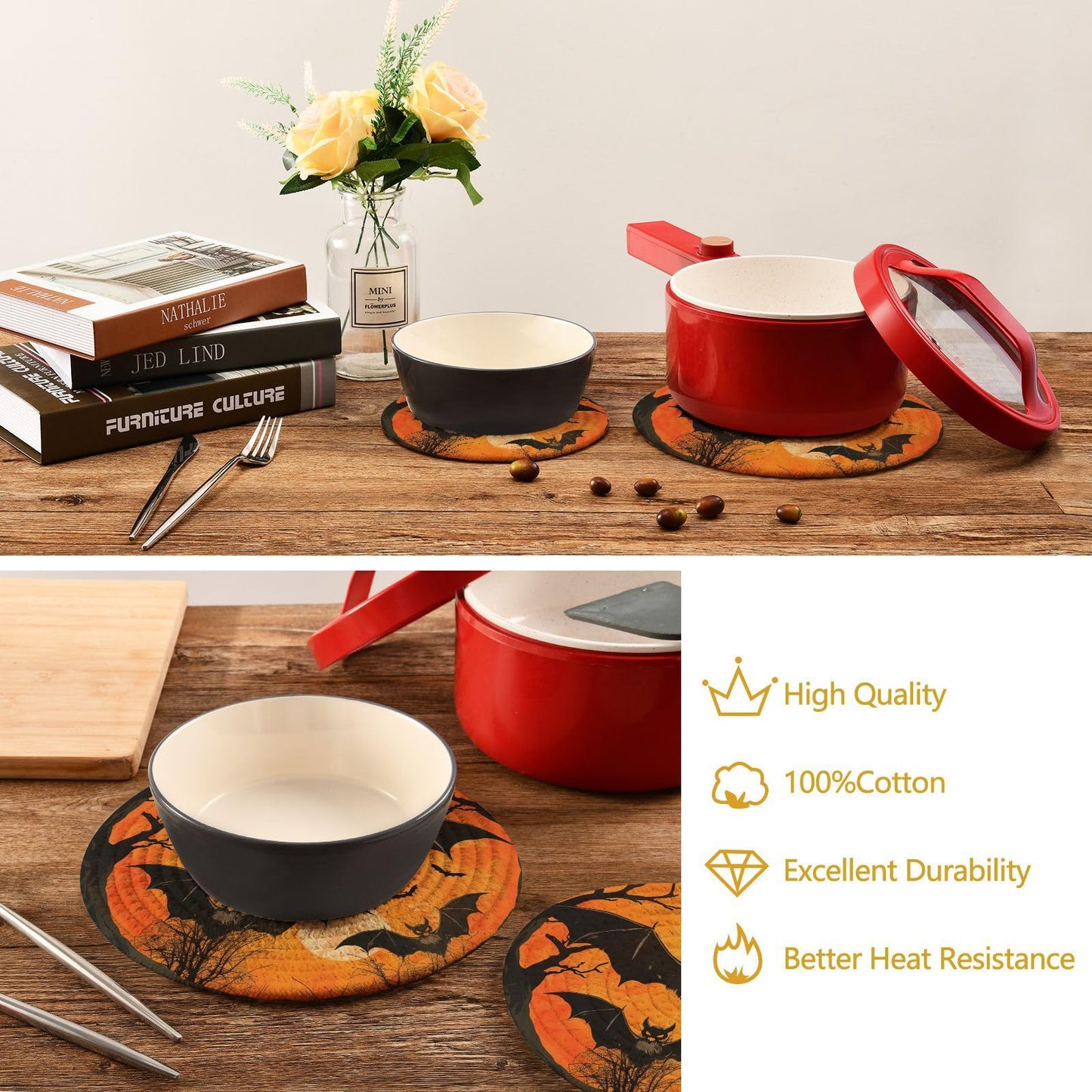 Woven Kitchen Potholders Trivets Set of 2, Halloween Bats Tree Moon Cotton Round Hot Pot Coasters Placemats for Cooking Baking Dish Pan Pot Bowl Teapot(7&9 Inches Diameter)