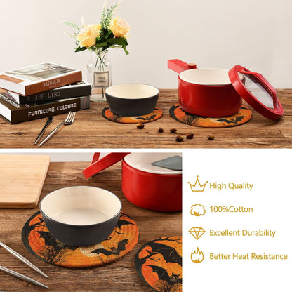 Woven Kitchen Potholders Trivets Set of 2, Halloween Bats Tree Moon Cotton Round Hot Pot Coasters Placemats for Cooking Baking Dish Pan Pot Bowl Teapot(7&9 Inches Diameter)