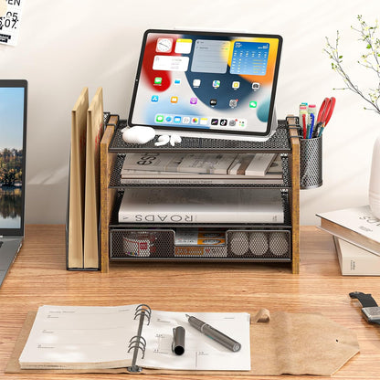 Wooden Desk Organizers and Accessories with File Holder, 4-Tier Paper File Organizer with Drawer & 2 Pen Holders, Office Desk Accessories, Desktop Organizer and Storage for Home Office Supplies