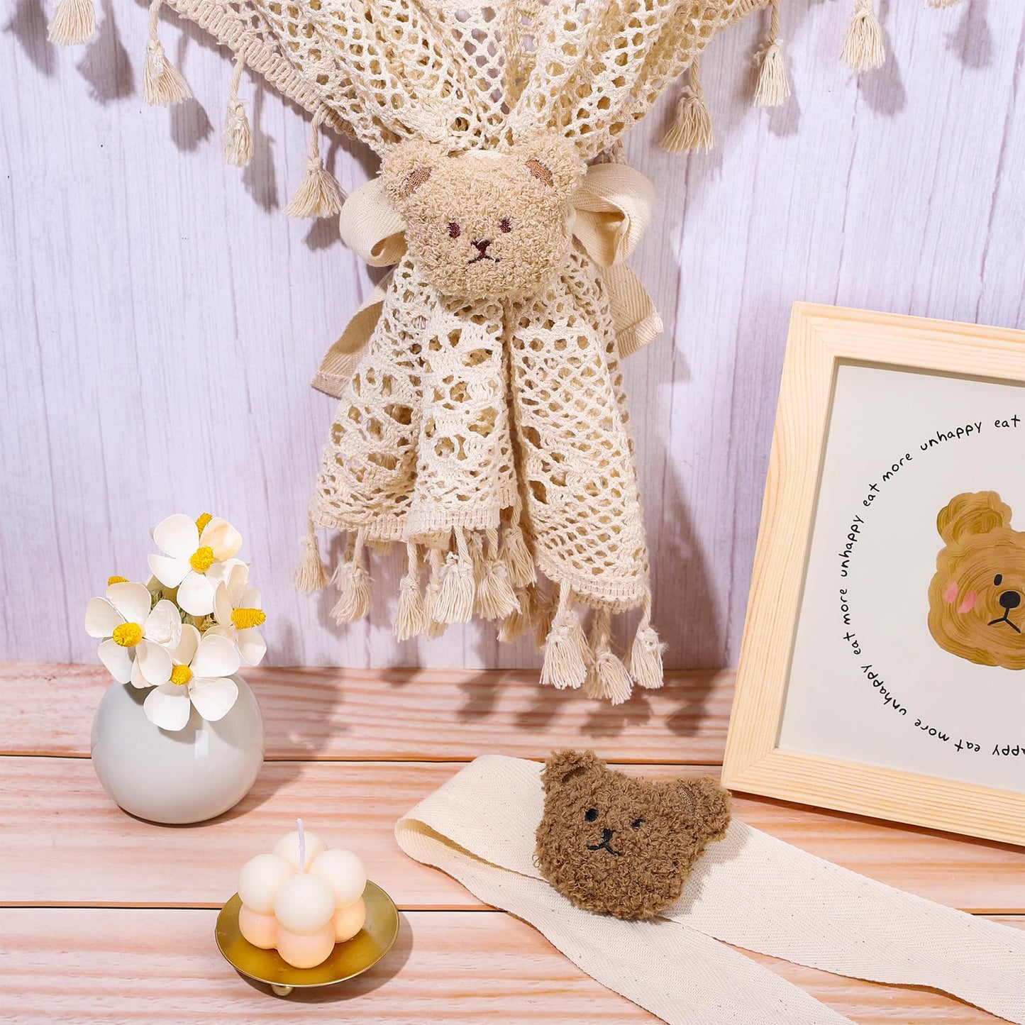 Whaline 4Pcs Bear Curtain Ties Cute Cartoon Bear Curtain Tieback Decorative Embroidered Animal Shape Rope Holdbacks for Home Office Bedroom Living Room Window Treatment Decor