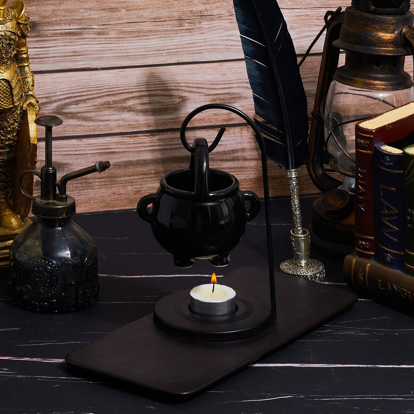2 Pcs Hanging Pagan Cauldron Oil Burner, Cauldron Wax Warmer Diffuser with Handle 10 Pcs White Tea Lights Candles Witch Decor for Home Wax Melts Christmas Gothic