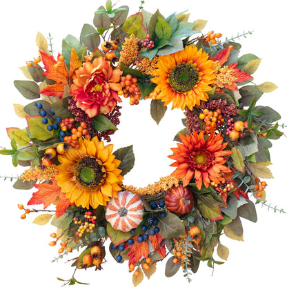 Fall Wreaths for Front Door – 24 Inch Autumn Wreath with Pumpkins, Sunflowers, Berries & Maple Leaves – Fall Door Wreath for Outdoor Thanksgiving, Halloween & Harvest Decor