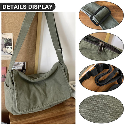 Huwzder Canvas Messenger Bag Large Satchel Bag Travel Hobo Bag Casual Tote Shoulder Bag for Women and Men (Black)
