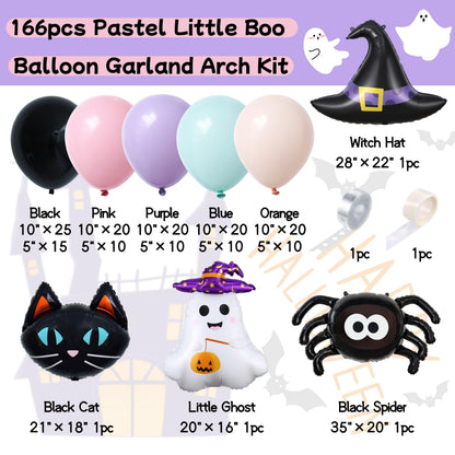 Enanal 166pcs Halloween Balloon Arch Kit - Pastel Rainbow & Black Latex Balloons with Witch Hat/Ghost/Spider/Black Cat Foil Balloons for Little Boo Birthday, Halloween Baby Shower Party Decorations