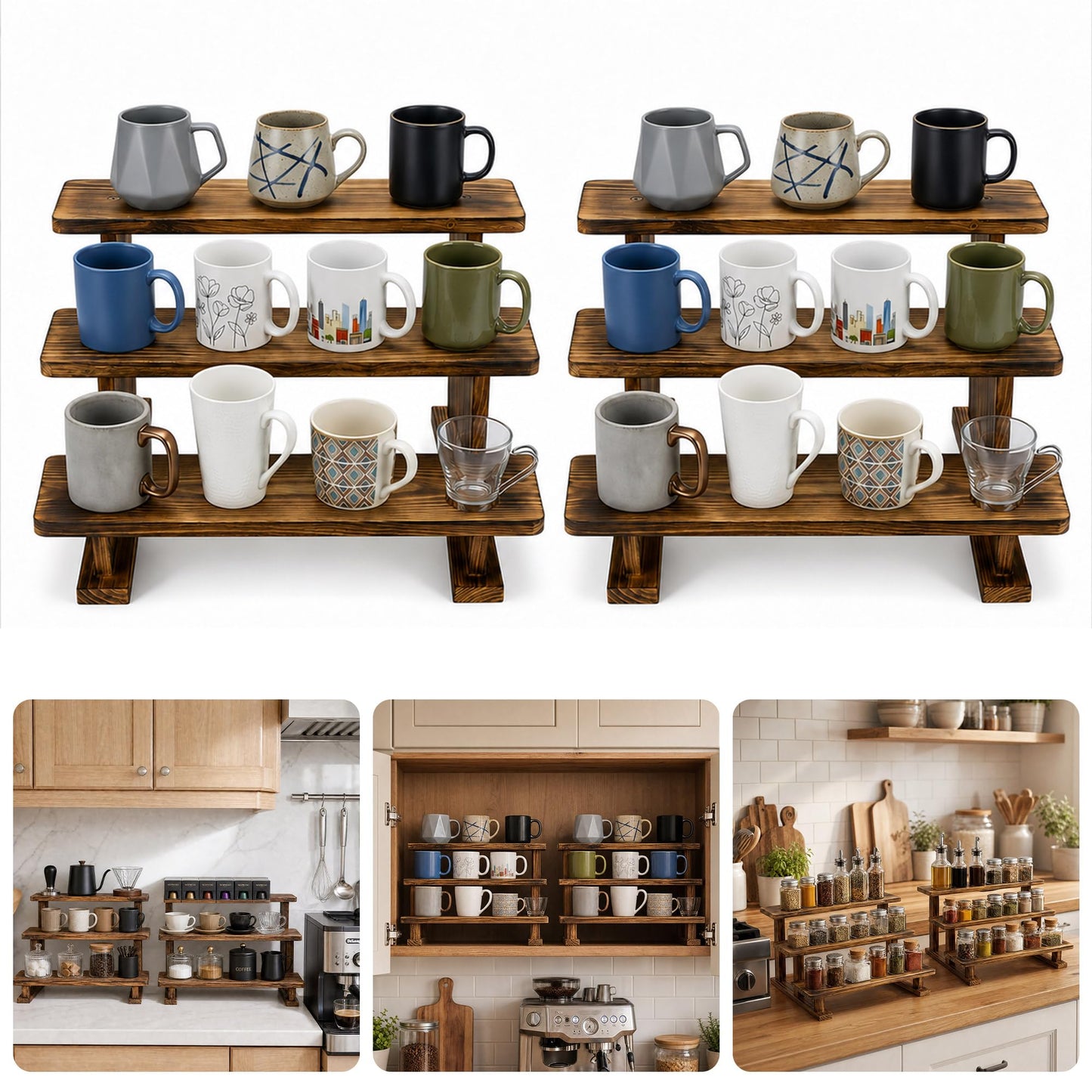 Ajerg 2 Pack 3 Tier Coffee Mug Display Shelf, Wooden Coffee Mug Holder Organizer for Countertop, Mug Storage Shelf for Coffee Station, Kitchen Cabinet, Pantry & Counter Display Rack