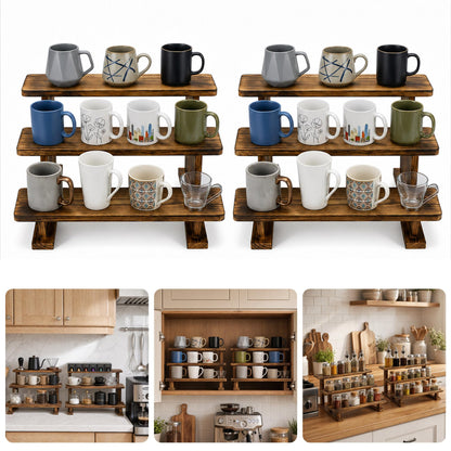 Ajerg 2 Pack 3 Tier Coffee Mug Display Shelf, Wooden Coffee Mug Holder Organizer for Countertop, Mug Storage Shelf for Coffee Station, Kitchen Cabinet, Pantry & Counter Display Rack