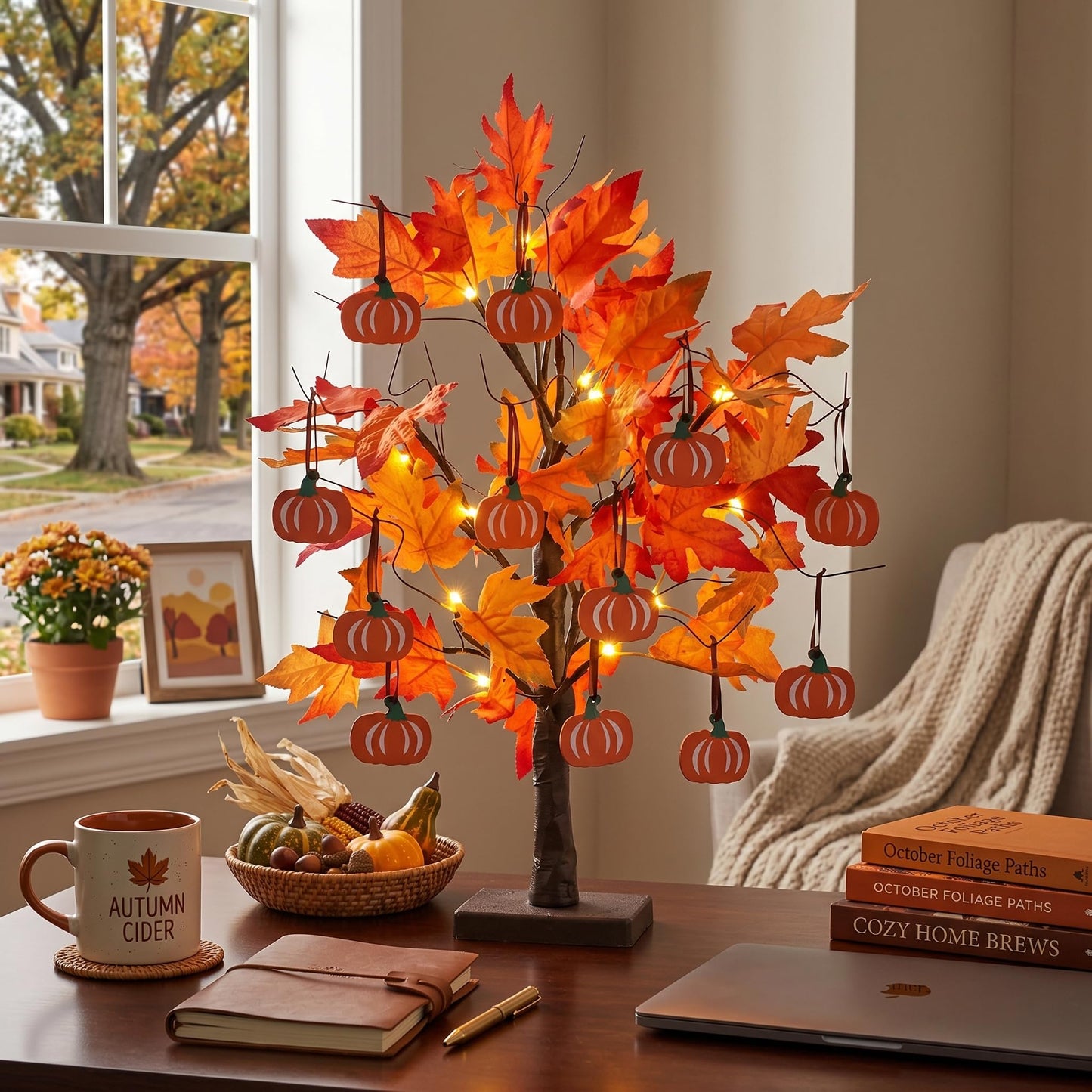 hogardeck Fall Decorations for Home, Thanksgiving Decorations, 24”2FT Lighted Maple Leaves Tree with 24 LEDs & 12 Wood Pumpkin Ornaments, Battery Powered Timer Artificial Trees for Autumn Table Decor