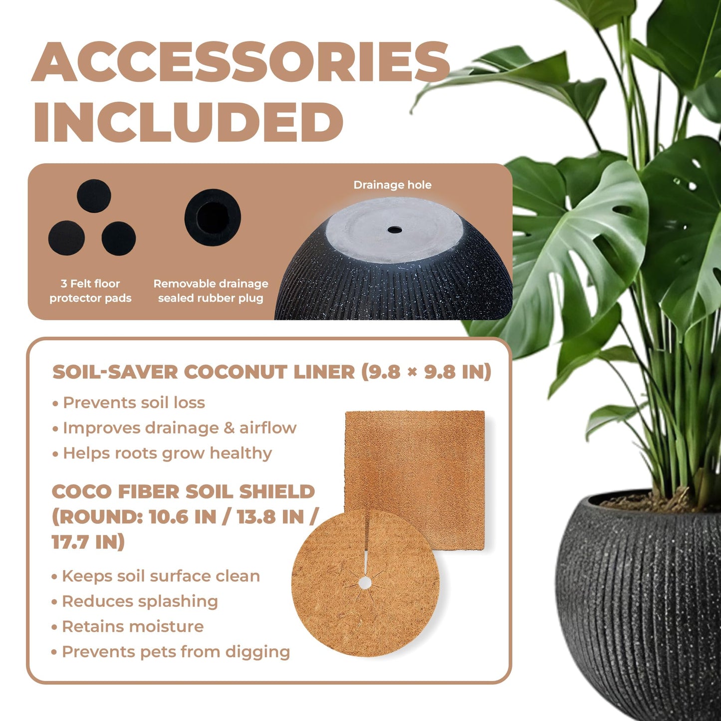 DEPLA LANE Marlo Fiberstone Round Planter (8.5" Pot Opening x 12..6"D x 9.8"H) Ribbed Finishes, Lightweight, Durable, UV Resistant, Modern Minimalist Home Decor, Indoor Outdoor Pot (S, Ribbed Black)