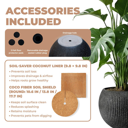 DEPLA LANE Marlo Fiberstone Round Planter (8.5" Pot Opening x 12..6"D x 9.8"H) Ribbed Finishes, Lightweight, Durable, UV Resistant, Modern Minimalist Home Decor, Indoor Outdoor Pot (S, Ribbed Black)