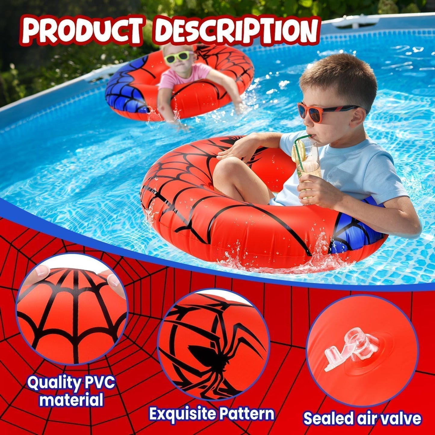 2 Pcs Spider Party Pool Floats, 24 Inch Web Pattern Swim Rings for Kids Ages 5-9 Pool Tube, Inflatable Pool Toys for Hawaiian, Beach, Water Park Fun