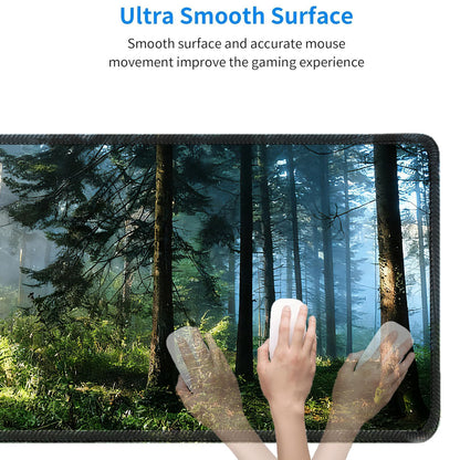 Gudnis Morning Mist Forest Mouse pad, Micro-Woven Fabric Desk pad,Large Green Tree Natural Scenery Desk mat with Sewn Edges, Anti-Slip Rubber Base, Suitable for Office laptops, Size 31.5×11.8 in