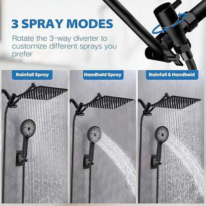 Shower Head,12”Rain Shower Head with Handheld Spray Combo with 11'' Angle Adjustable Extension Arm/Flow Regulator/Shower System,High Pressure Rainfall Shower Head Clean Bathroom,Matt Black
