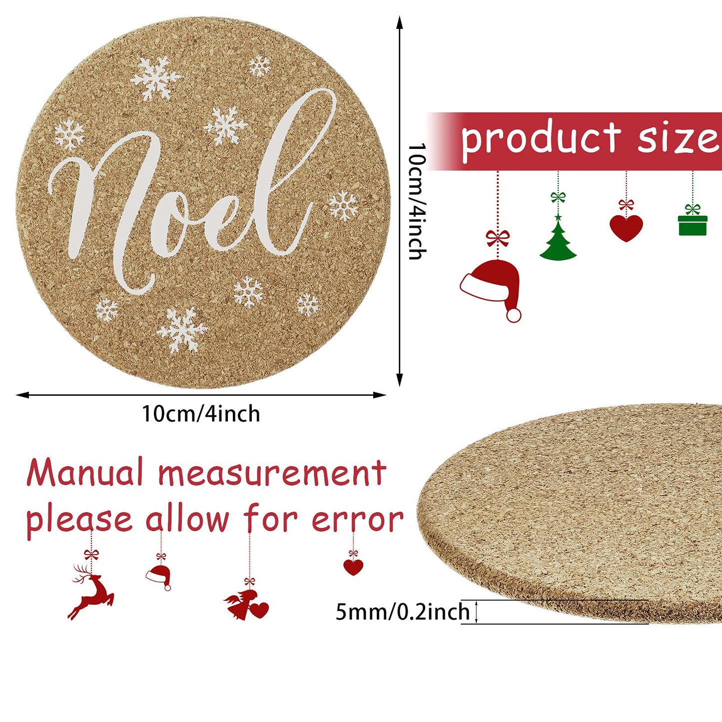 Patelai 6 Pieces Christmas Coasters Christmas Cork Coaster 4 Inch Round Shaped Farmhouse Coasters Heat-resistant Cup Mat Peace Joy Noel Printed Coasters for Drink, Cup, Mugs Living Bedroom Party Decor