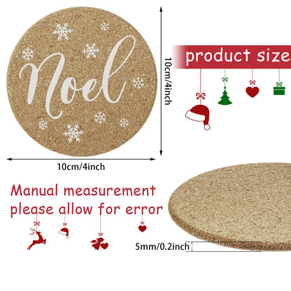 Patelai 6 Pieces Christmas Coasters Christmas Cork Coaster 4 Inch Round Shaped Farmhouse Coasters Heat-resistant Cup Mat Peace Joy Noel Printed Coasters for Drink, Cup, Mugs Living Bedroom Party Decor
