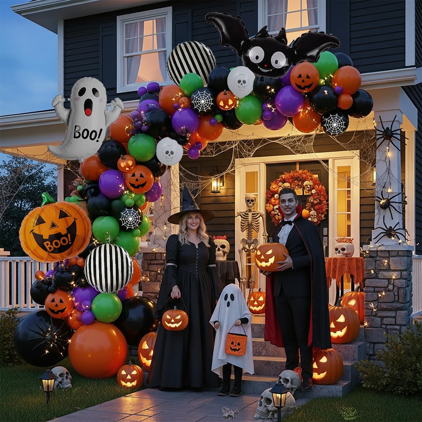 Halloween Party Decorations with Orange Black Green Purple Garland Balloon arch & Spider Web Bat Ghost Pumpkin Stripes Foil Balloons for one spooky dude 1st Horror Night Birthday Supplies
