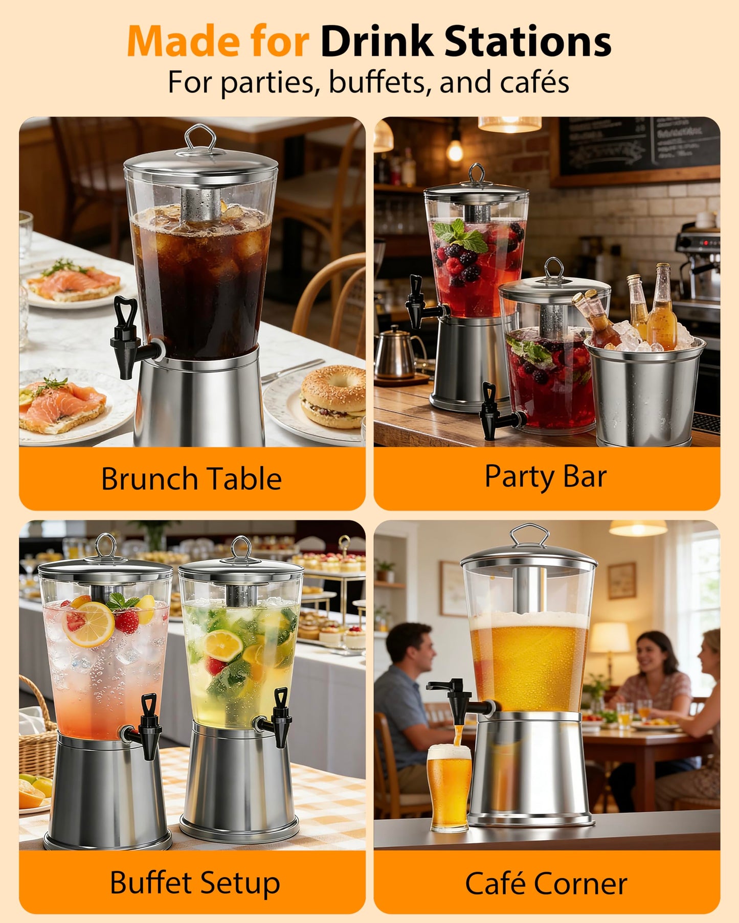 GUSTOCHEF Beverage Dispenser with Stand, 2.5 Gallon Drink Dispenser for Parties,Events,Buffet &Self-Serve,Dual Ice Tube Core Fruit Infuser,Leakproof Spigot,Clear PC Container, Stainless Steel Lid&Base