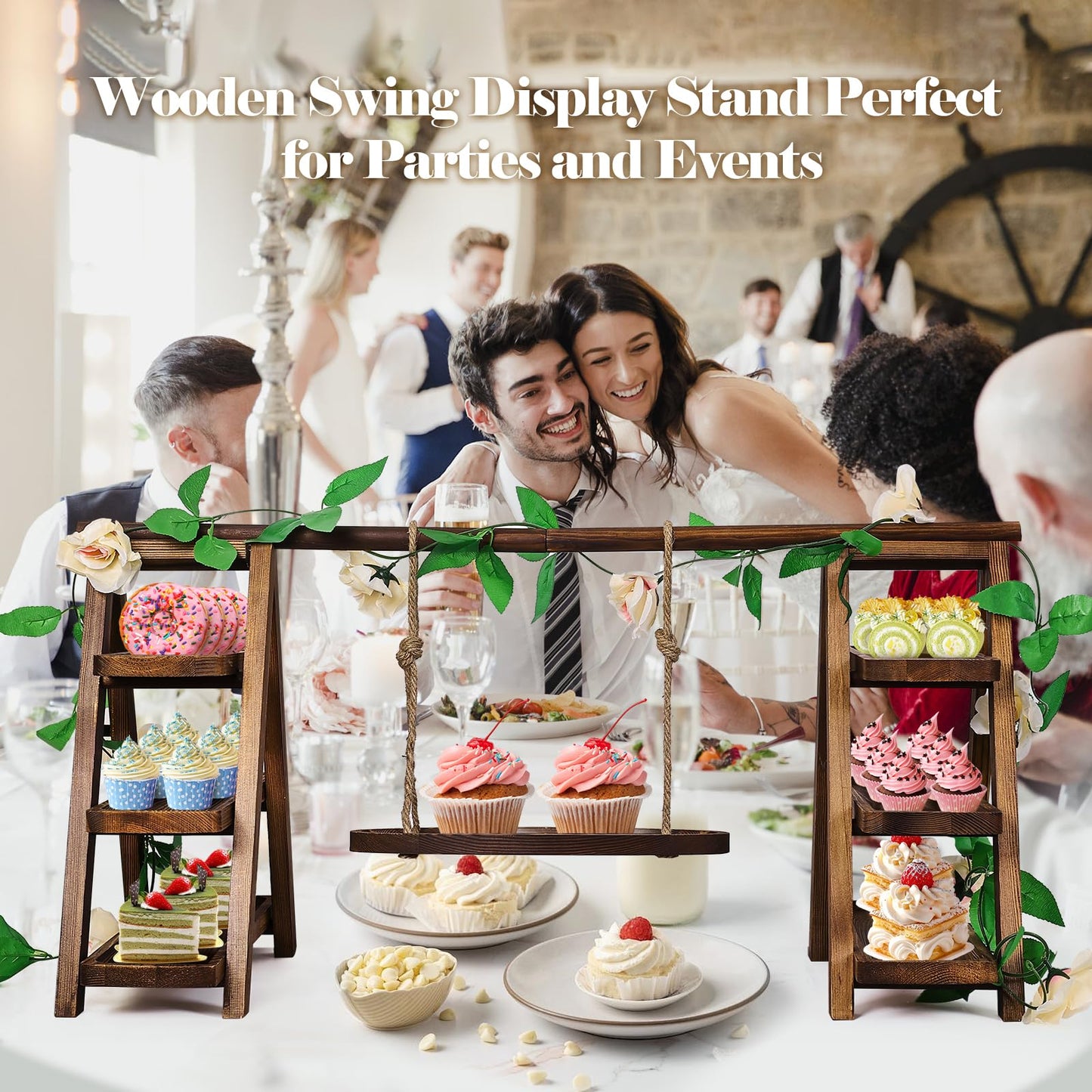 NANXITU Wooden Cupcake Stand,3 Tier Cake Stands Party Food Display Serving Platter Tray Ladder Stand with Swing and Flower Decor,Rustic Dessert Table Display Set for Cake Fruit Donut Snack Cookie