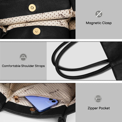 KKXIU Tote Bag for Women Vegan Leather Shoulder Purse Large Capacity Travel Bag (Black)