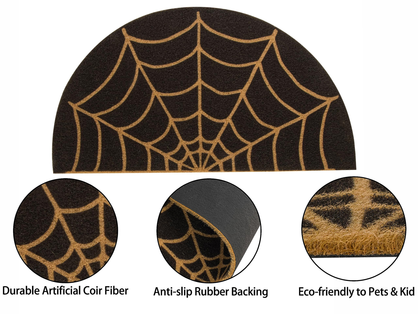 KorhLeoh Spider-Web Welcome Doormat Outdoor-Entrance - Half-Circle-Door-Mat Non-Slip Dark Artifical Coir Mats Halloween Decor 17"x29"