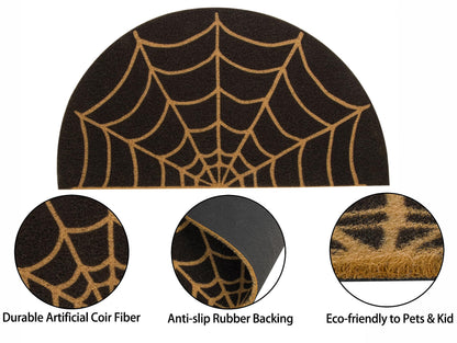 KorhLeoh Spider-Web Welcome Doormat Outdoor-Entrance - Half-Circle-Door-Mat Non-Slip Dark Artifical Coir Mats Halloween Decor 17"x29"