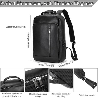 Yevabo Genuine Leather 15.6 Inch Laptop Backpack for Men, Multi Pocket Slim Daypack Shoulder Bag with Trolley Sleeve for Business Travel (Black)