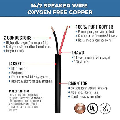 Elite 14/2 Speaker Wire, 14AWG/2-Conductor, UL Listed, CMR/CL3R, (Riser/in-Wall & Outdoor/In-Ground (Direct Burial)- 100% Oxygen Free Pure Bare Copper (OFC), 500ft Bulk Cable (105 Strands) Black