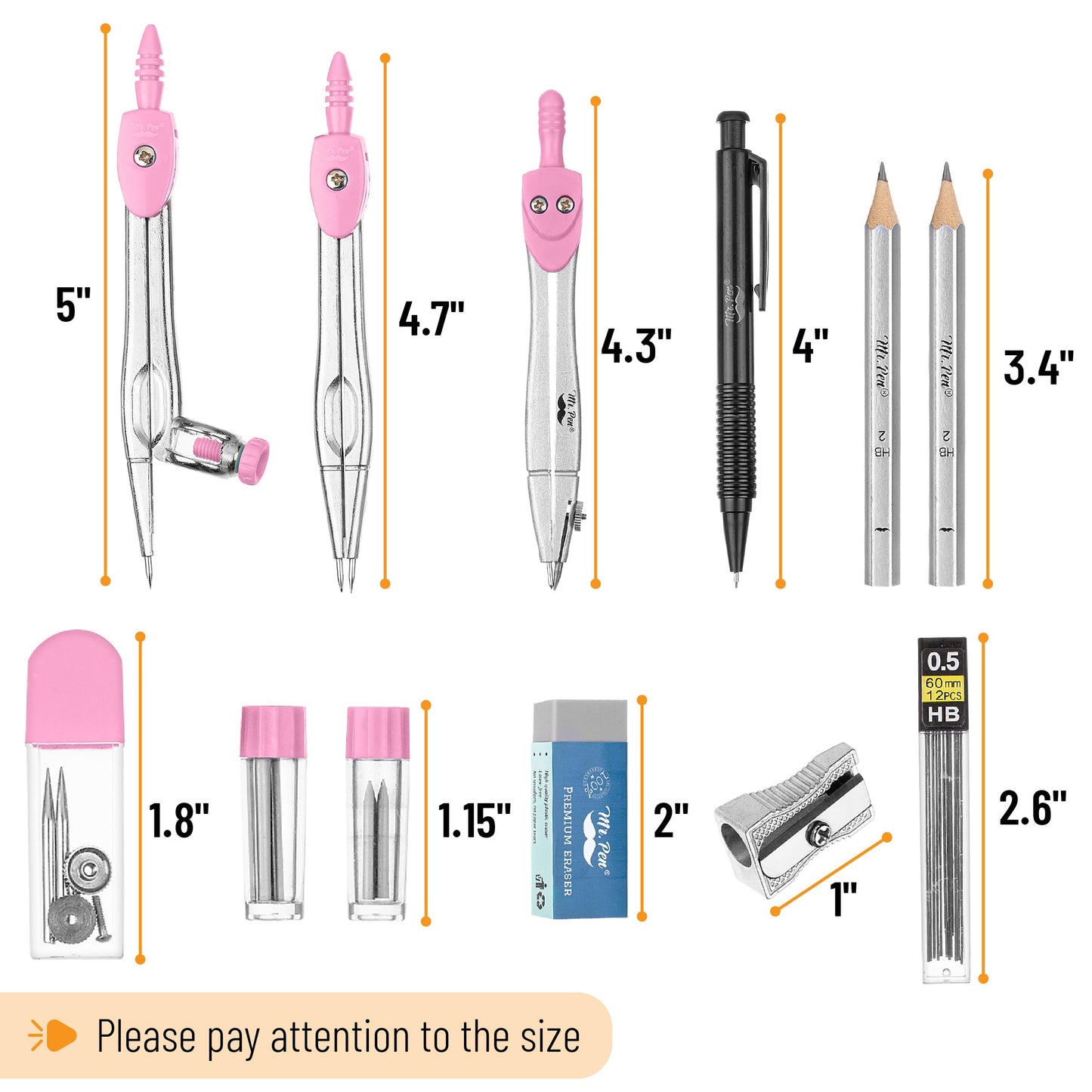 Mr. Pen- Geometry Set, 15 pcs, Pink, 6 Inch Swing Arm Protractor, Divider, Set Squares, Ruler, Compasses and Protractor
