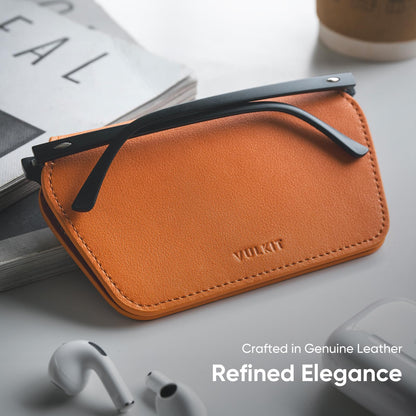 VULKIT Leather Glasses Case, Ultra Slim Sunglasses Case, Two Fixed Modes, Fits Most Eyeglasses & Sun Glasses, Minimalist Slim Design for Men & Women, Tangerine Twist