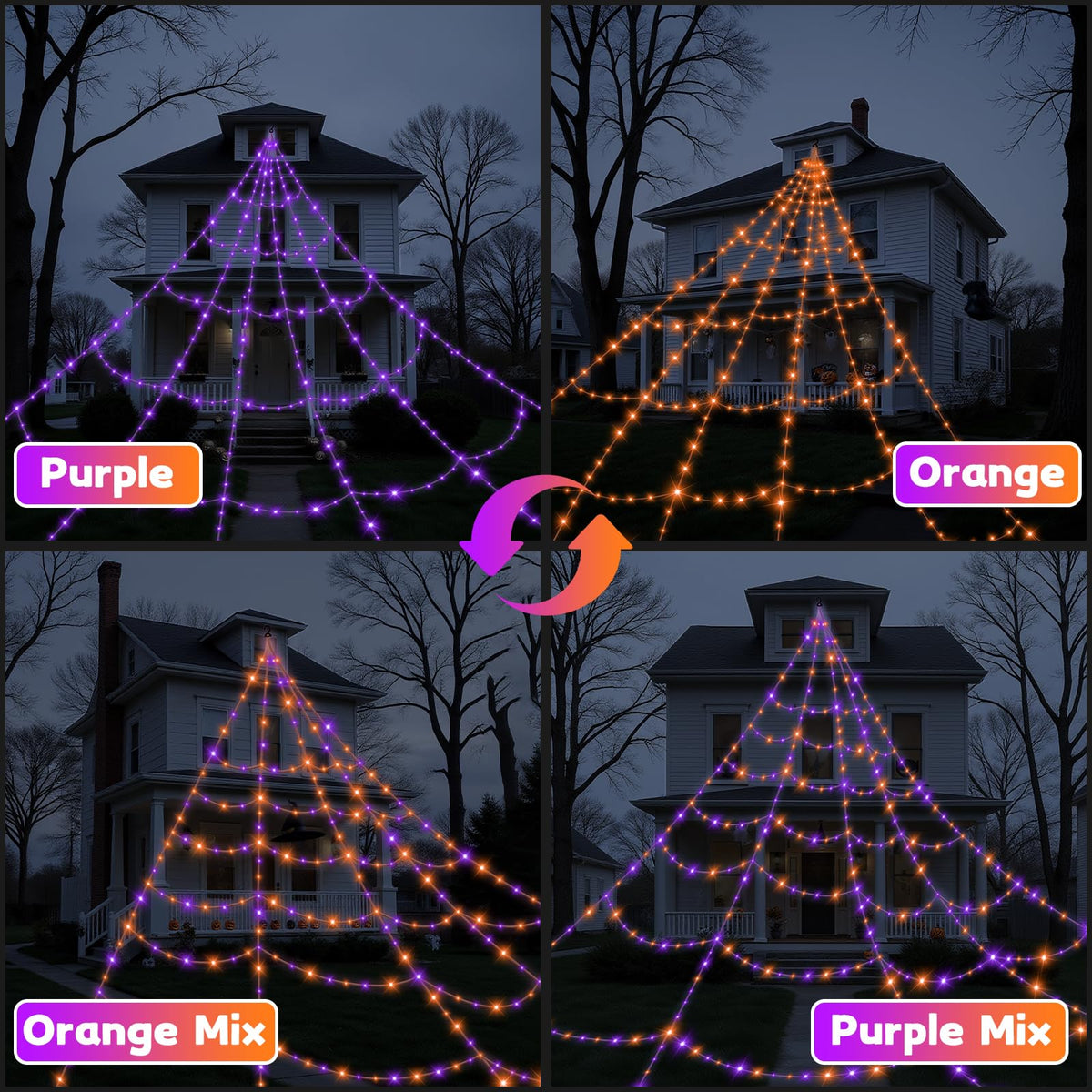 Halloween Decorations Outdoor Spider Web Lights - 550 LEDs Purple and Orange Remote Control Timer Plug in Giant Halloween Decor Cobwebs - 11 Modes Lighting Waterproof Yard Garden Party Decorations