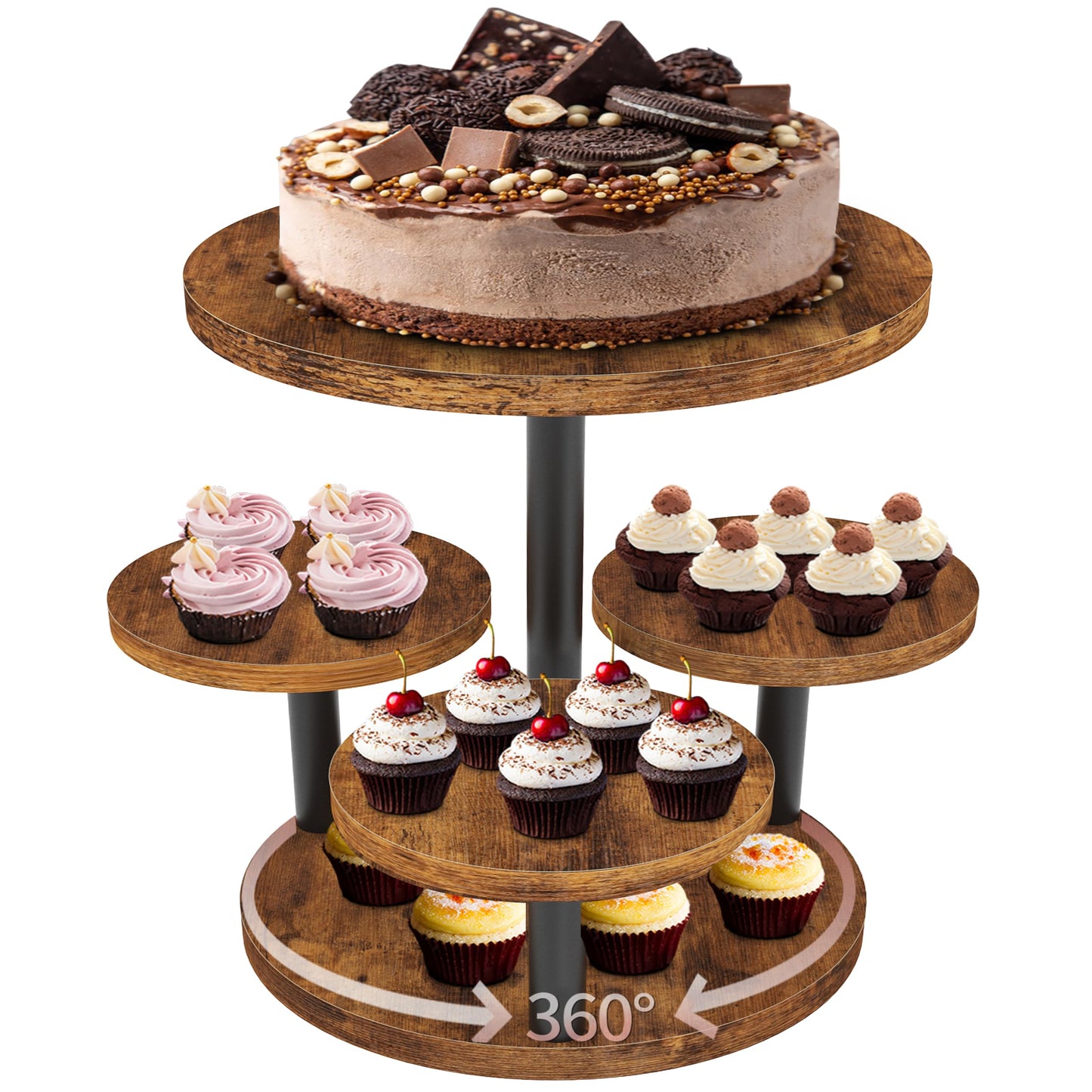Cupcake Stand 4 Tier, 360° Rotatable Cupcake Stand, Rustic Industrial Wood Cupcake Tower Stand, Dessert Table Display Set Tiered Tray Stand, Round Serving Tray for Party Wedding Birthday