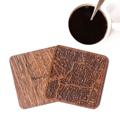 Mexico City Map Coaster, Set of 4, Sapele Wooden Coaster with city map, Multiple city optional, Handmade