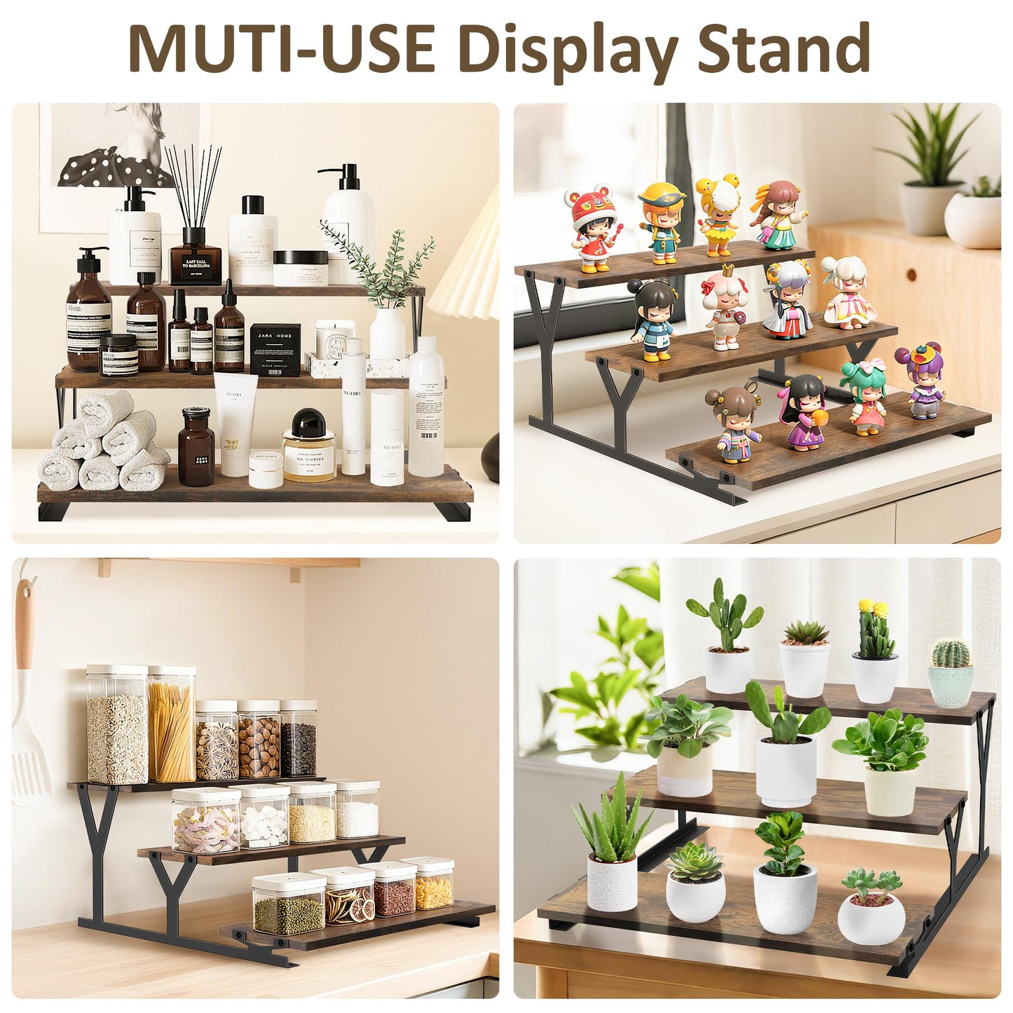 KALYLOC 3 Tier Cupcake Stand, Wooden Risers Dessert Table Display Set, Rustic Tiered Tray Stand Cupcake Tower for Party Farmers Market Wedding Birthday Baby Shower (Brown, Y-Shape)