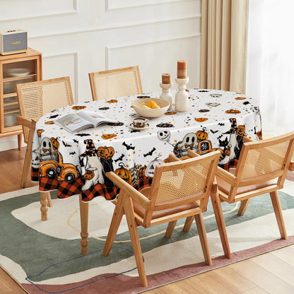 Horaldaily Halloween Tablecloth 60×84 Inch Oval, Buffalo Plaid Jack-O-Lantern Pumpkin Bats Ghost Truck Washable Table Cover for Party Picnic Dinner Decor