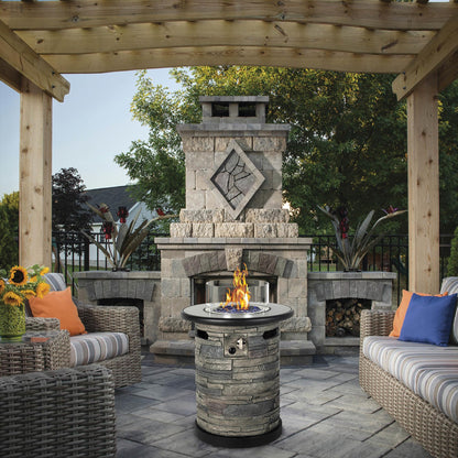 BAIDE HOME Outdoor Propane Fire Pit Table, Round Porcelain Tile Top 22" Fire Bowl Column W/ 40,000 BTU Firepit Table Auto-Ignition 400D Cover Glass Rocks for Outside Patio