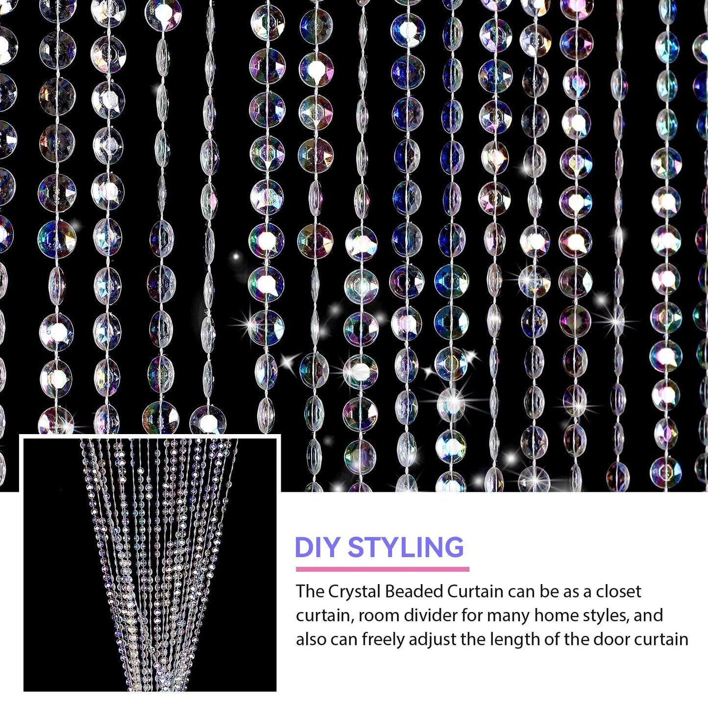 Boshen 3FTx6.5FT 45Strands Crystal Beaded Curtain Door Beads Clear Acrylic Beads Hanging Room Divider Crystal Iridescent Diamond Cut Curtain Doorway Curtain for Room Doorway Divider Party Decor
