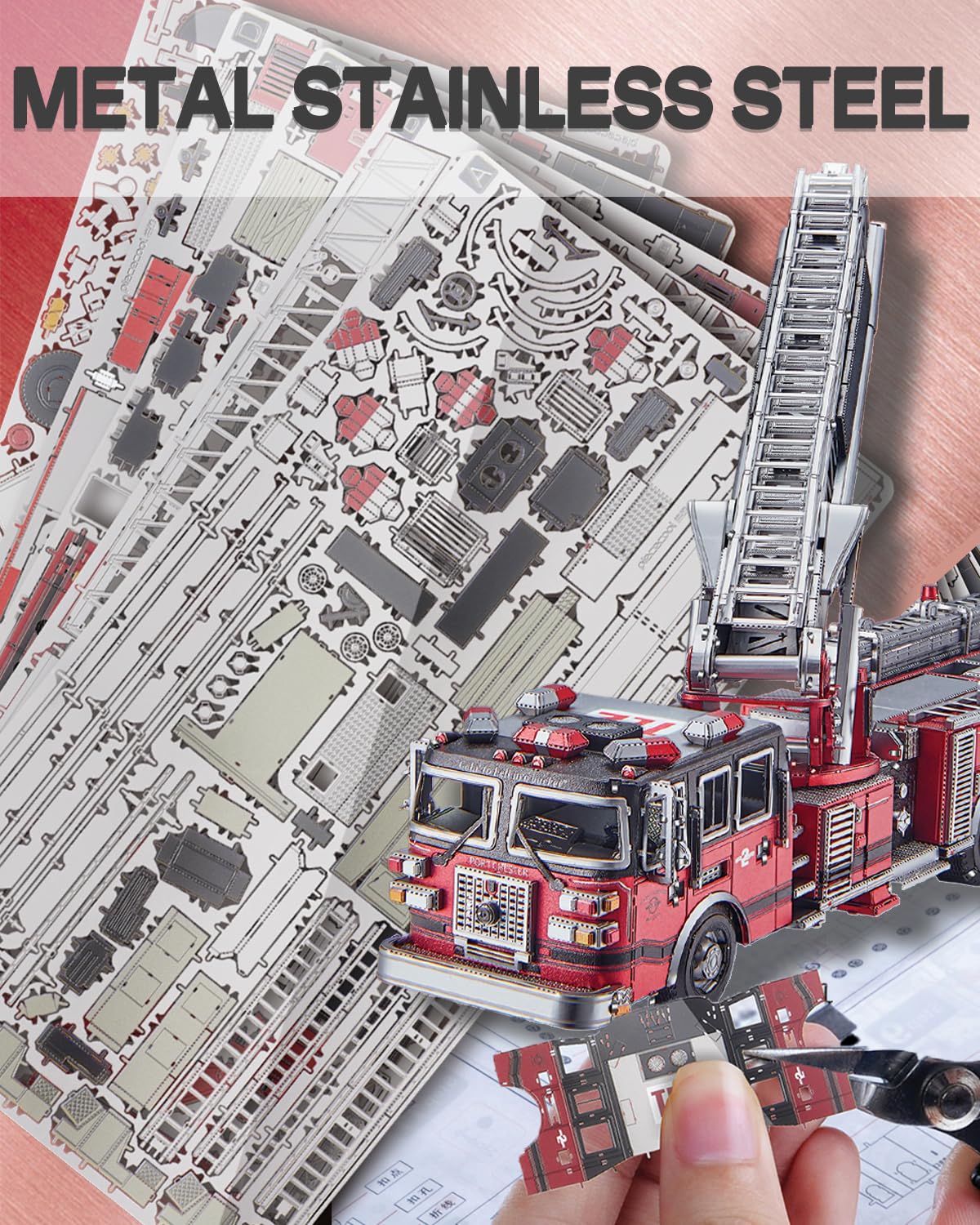 Piececool 3D Metal Puzzles for Adults, Ladder Truck Fire Engine Model Kits Building, Challenge to Assemble DIY Craft Kits, Best Birthday Christams Gifts - 354 Pcs