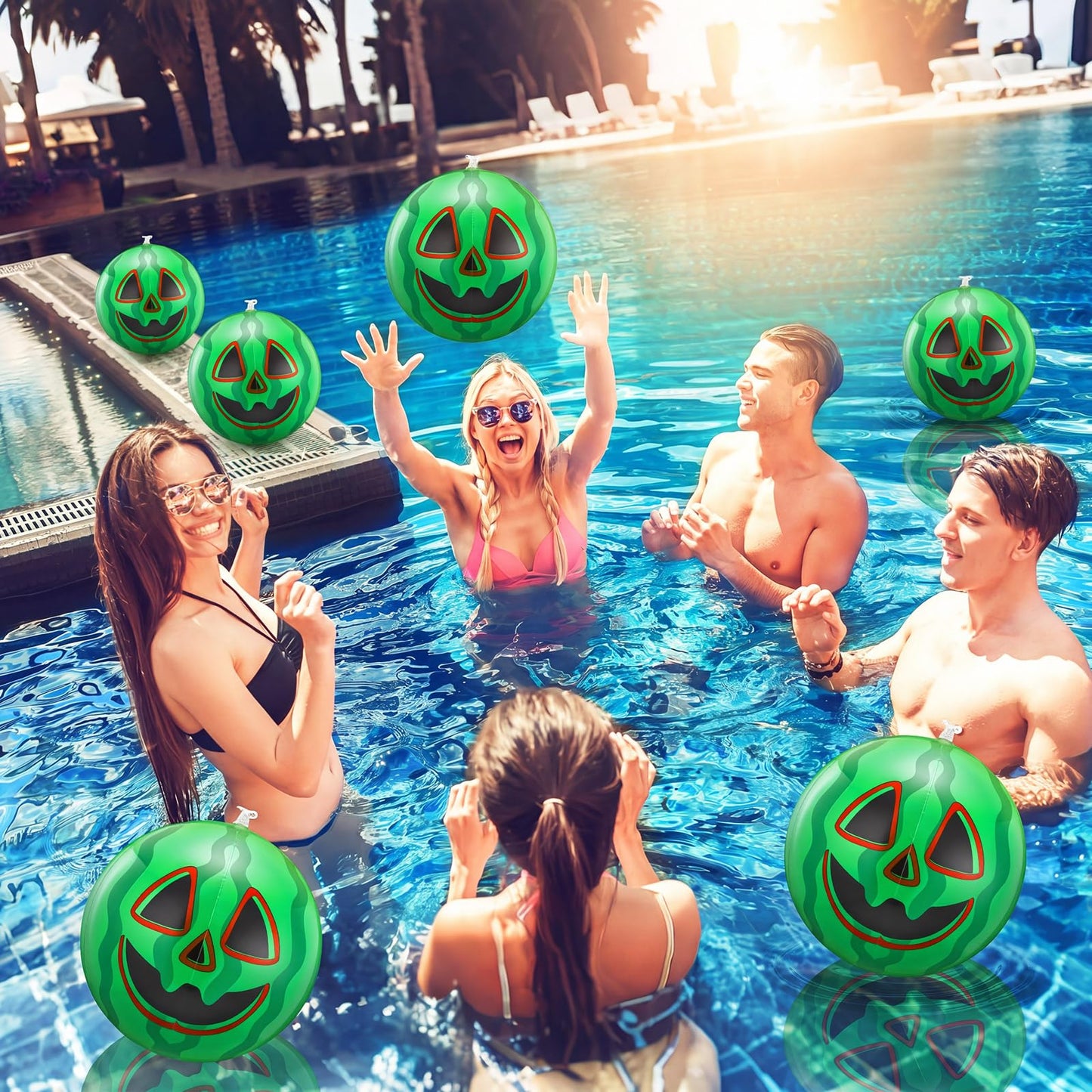 Jenaai 6 Pcs Summer Halloween Inflatable Jack O Melon Beach Bulk 11 Inch Summer Halloween Swimming Pool PVC Watermelon Beach Balls for Home Haunt House Pool Festival Watermelon Party Decorations