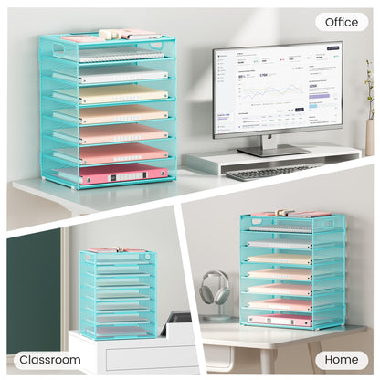 Lavatino 2 Pack 8-Tier Office Desk File Organizer, Letter Tray Paper Organizer with Handle, Including 5 Adjustable Slide Trays for Organizing Desk Workspace Accessories and Supplies (Blue Metal Mesh)