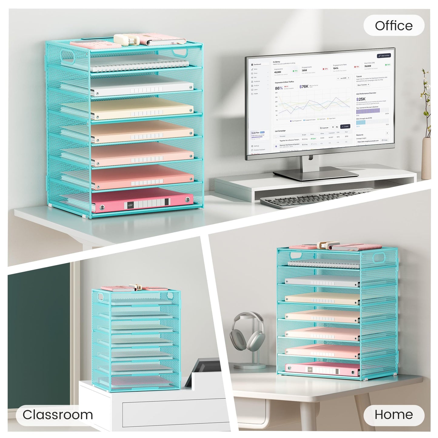Lavatino 8-Tier Office Desk File Organizer, Letter Tray Paper Organizer with Handle, Including 5 Adjustable Slide Trays for Organizing Desktop Workspace Accessories and Supplies (Blue Metal Mesh)