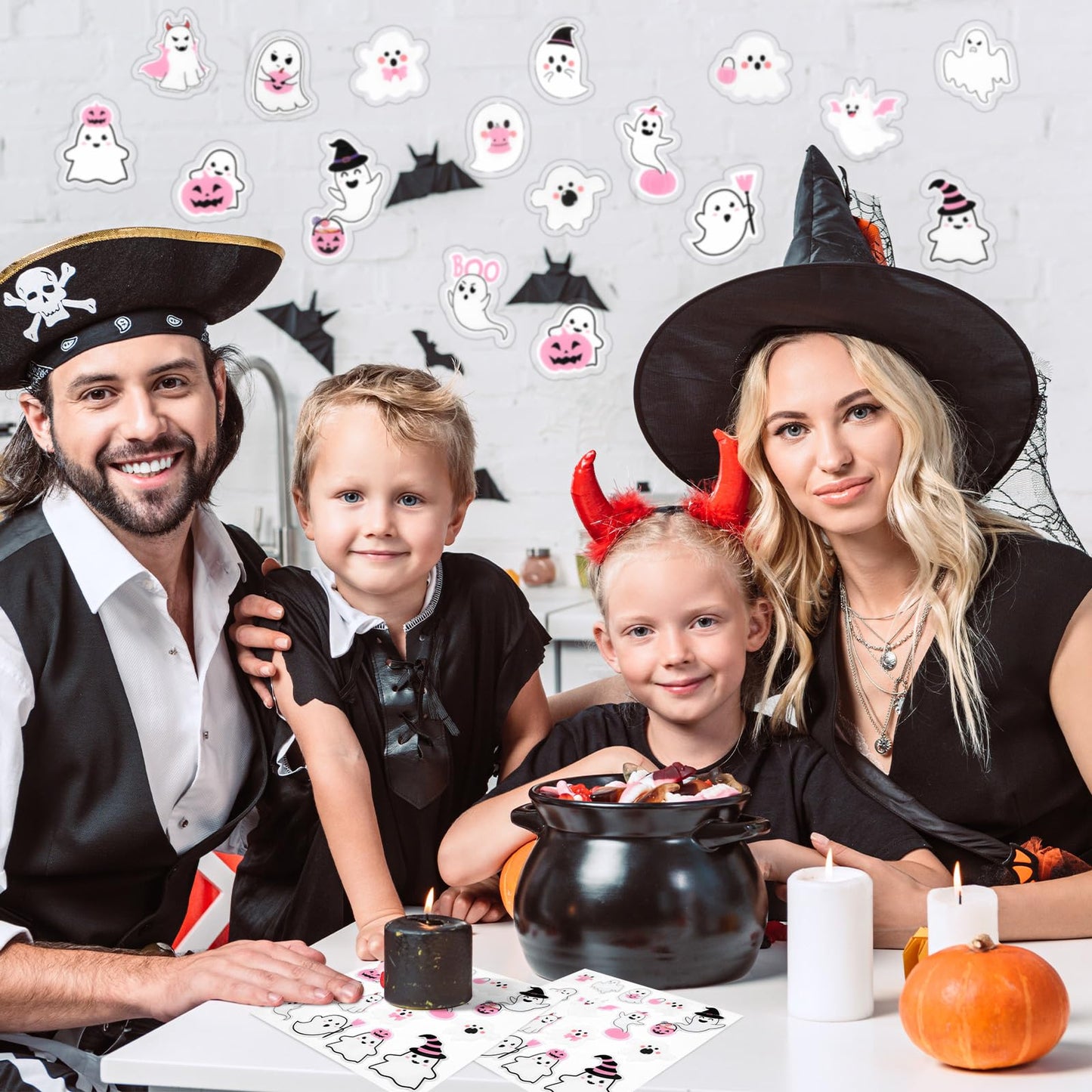 AmazingSpark 60 Pcs 3 Sheet Pink Halloween Thick Gel Window Clings Cute Ghost Pumpkin Boo Witch Gel Decal Stickers for Halloween Party Home Window Door Decor