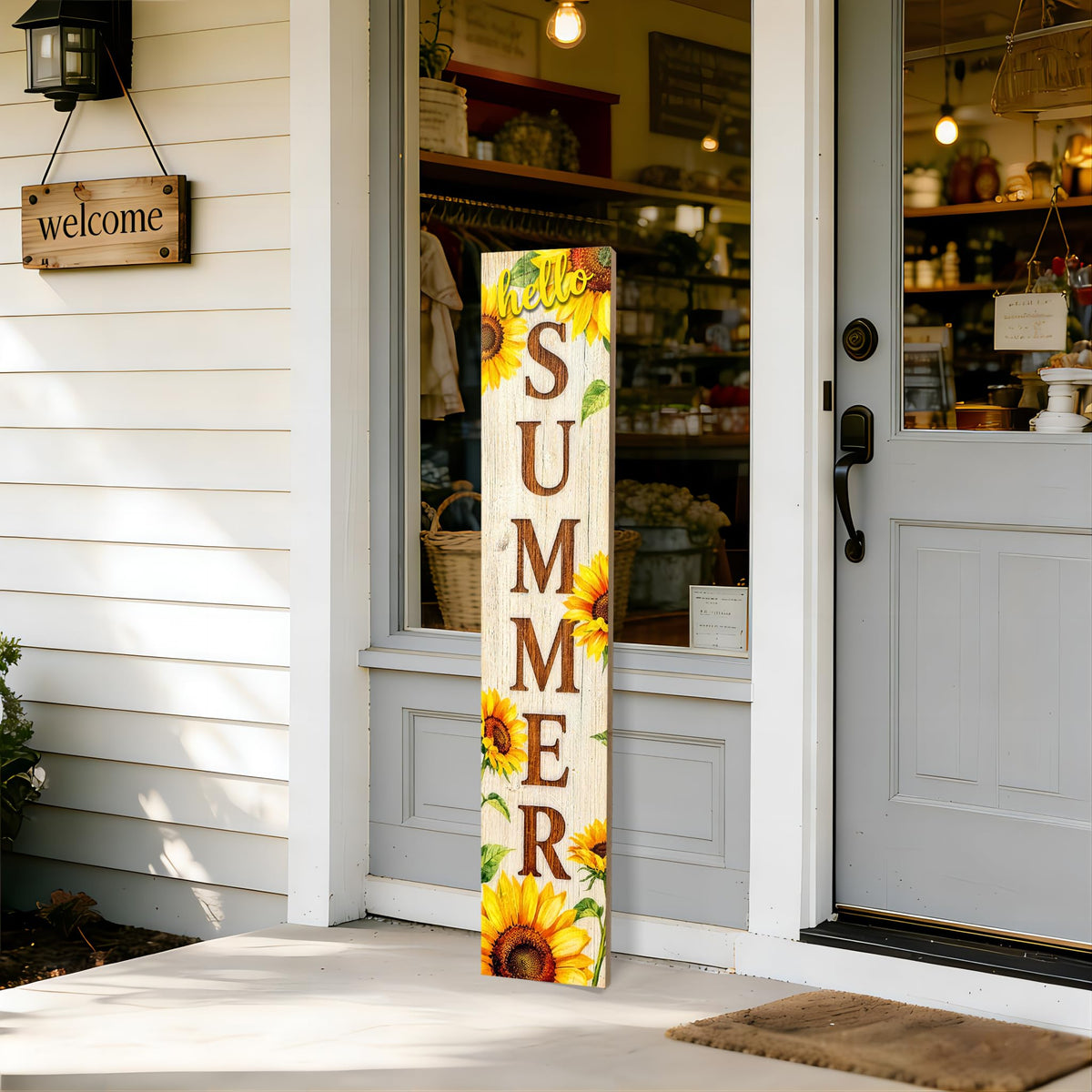 Hello Summer wooden porch sign Vertical hanging decorations Welcome sign front door standing Decorative sign 47x7.8Inch Sunflower pattern Suitable for Outside Decor