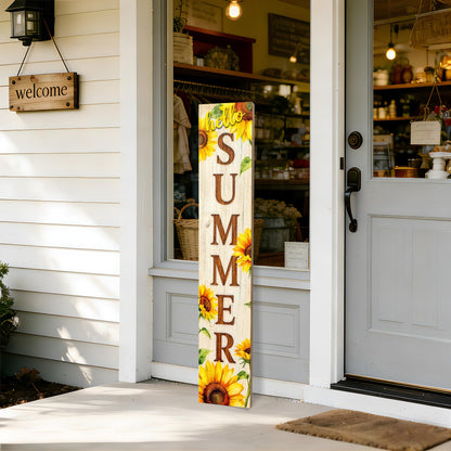 Hello Summer wooden porch sign Vertical hanging decorations Welcome sign front door standing Decorative sign 47x7.8Inch Sunflower pattern Suitable for Outside Decor