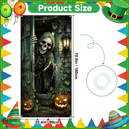 NYZE Halloween Skeleton Front Door Cover Banner, 35.4 x 70.8 Inch Pumpkin Vertical Hanging Door Backdrop, Indoor Outdoor Halloween Party Photography Decorations