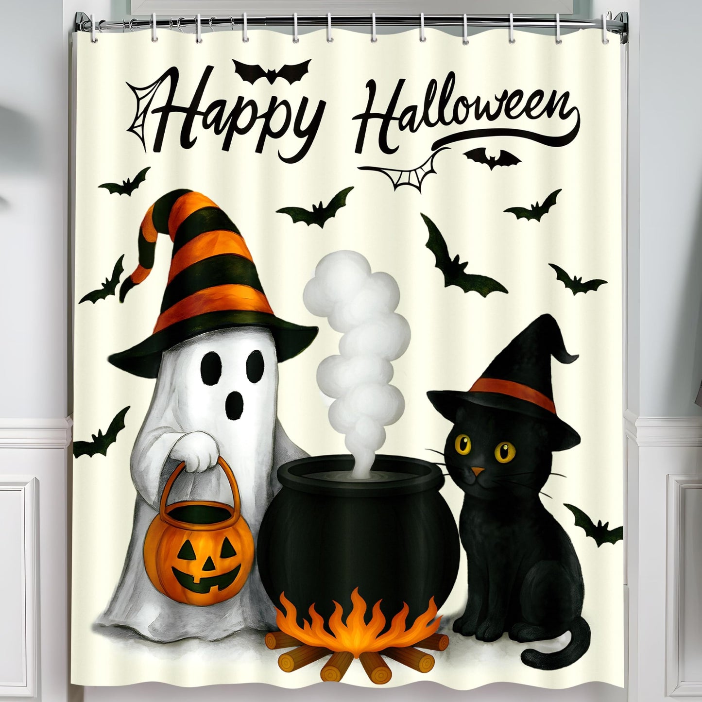 Tieshankao Halloween Bathroom Decor Ghost Cat Pumpkin Shower Curtain Spooky Decorations with 12PCS Hooks 72x72 Inch