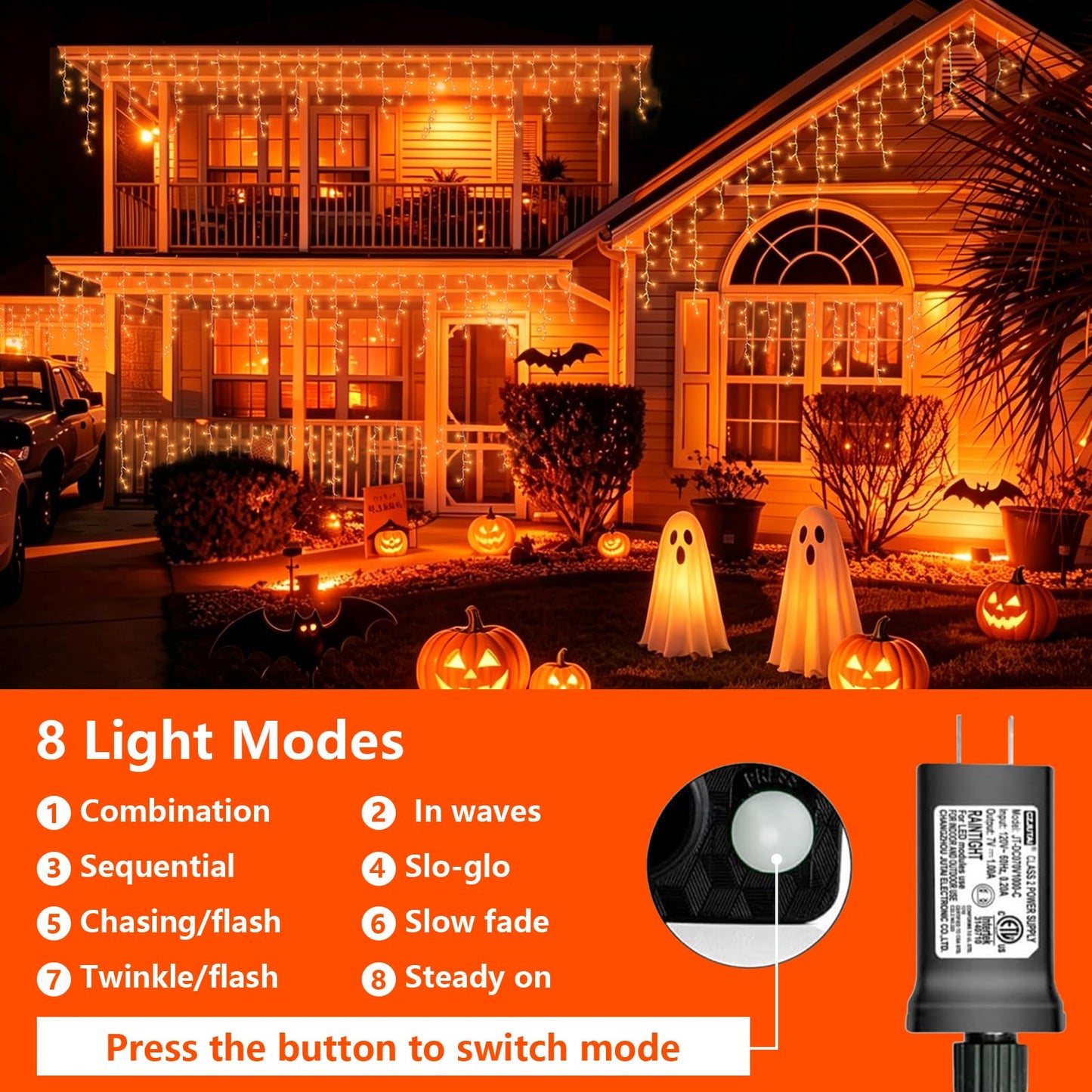 YEGUO 33ft 400 LED Orange Thanksgiving Lights, Connetable Icicle Light Outdoor Waterproof, 8 Modes Christmas Lights Indoor Plug in for Thanksgiving House Patio Fall